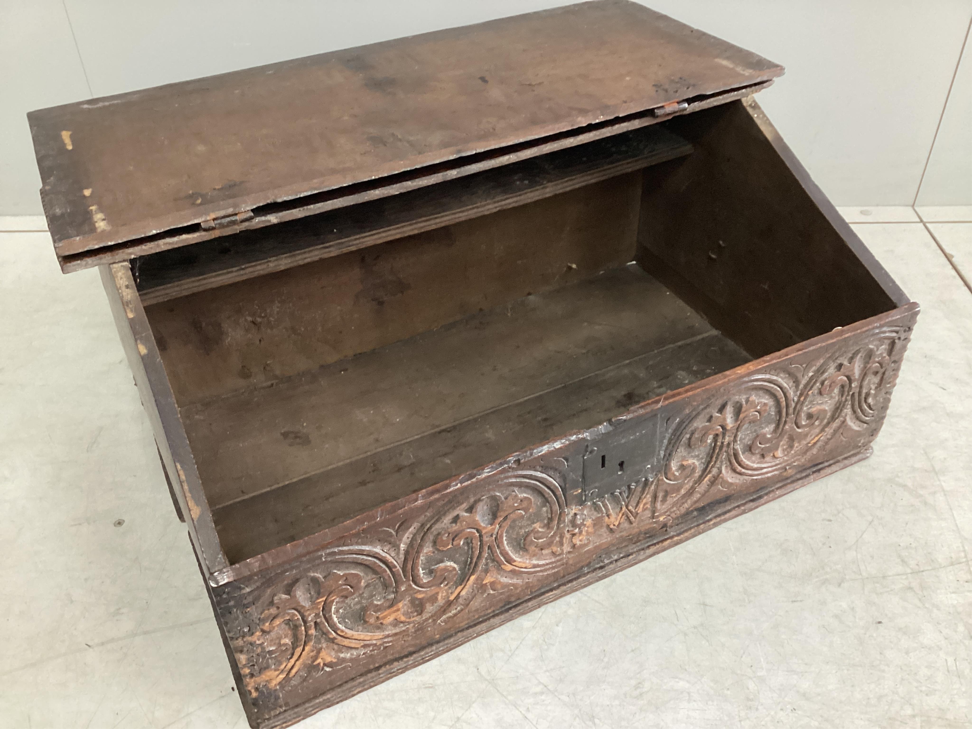 An early 18th century oak bible box, width 74cm, depth 46cm, height 30cm. Condition - poor to fair